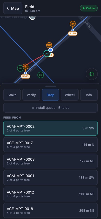 Field Mode drop tab: nearby terminals ranked by distance and bearing, each showing how many of its ports are free, with an install queue of five jobs.
