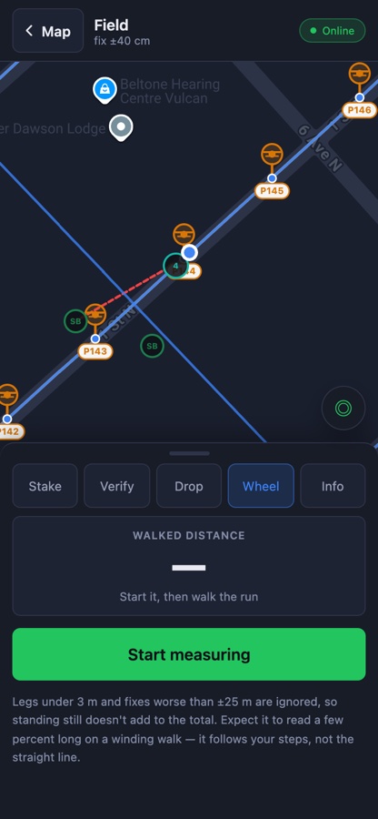 Field Mode measure wheel: a walked-distance readout with a Start measuring button.